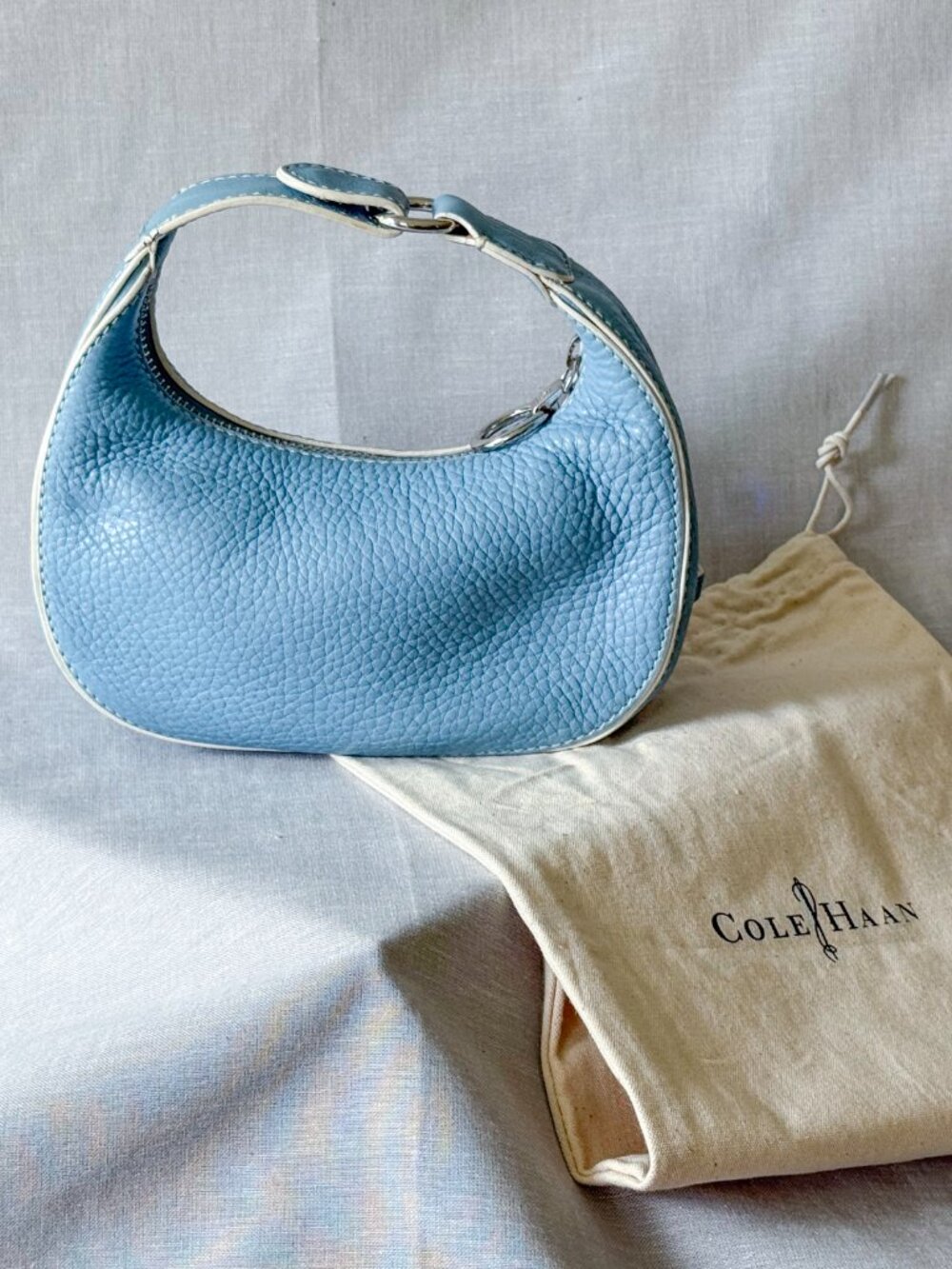 Cole Haan Micro Hobo Bag Light Blue Pebbled Leather Silver Hardware Y2K